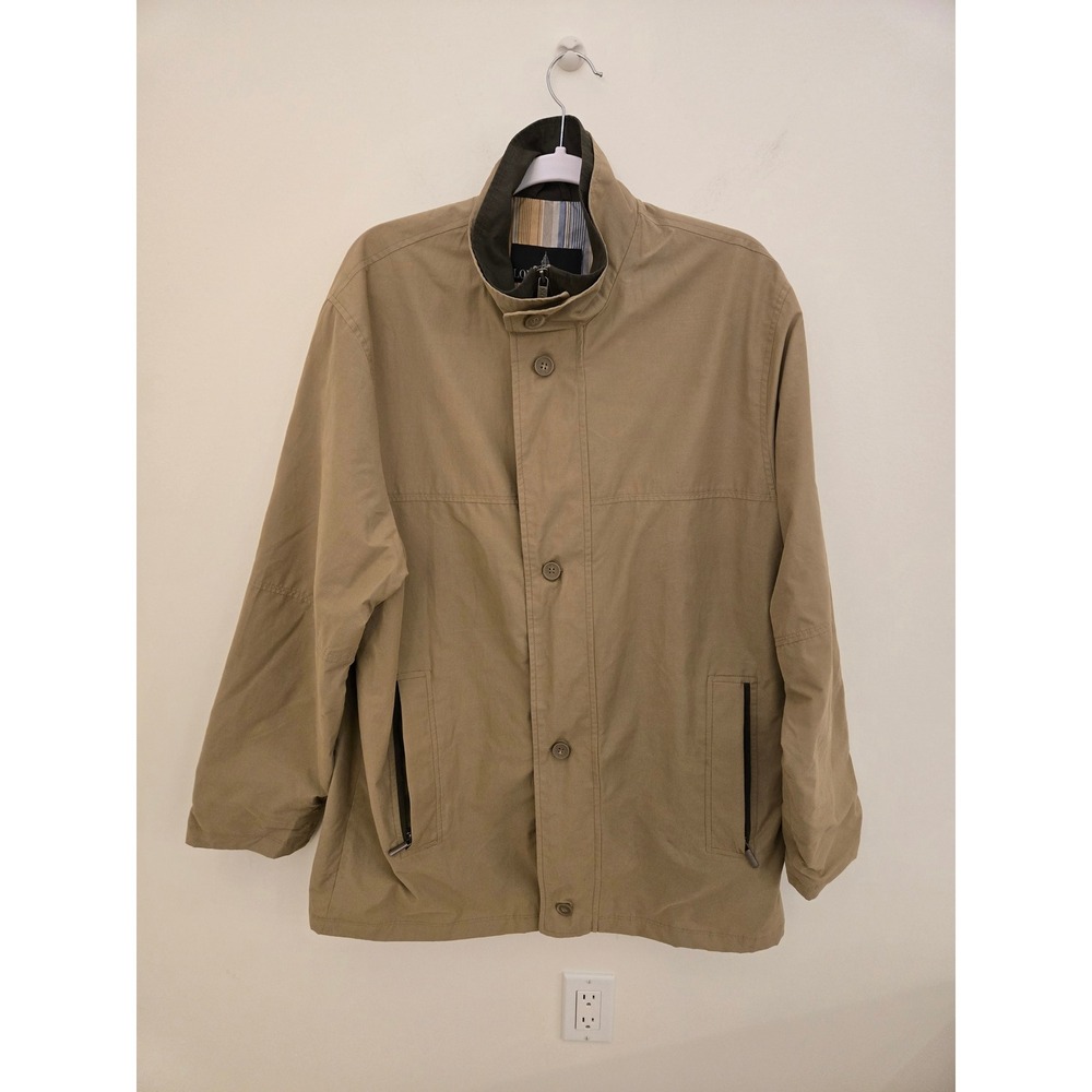 London Fog Mens Tan Khaki Zip Up Button Front Jacket Stand Collar Size Medium